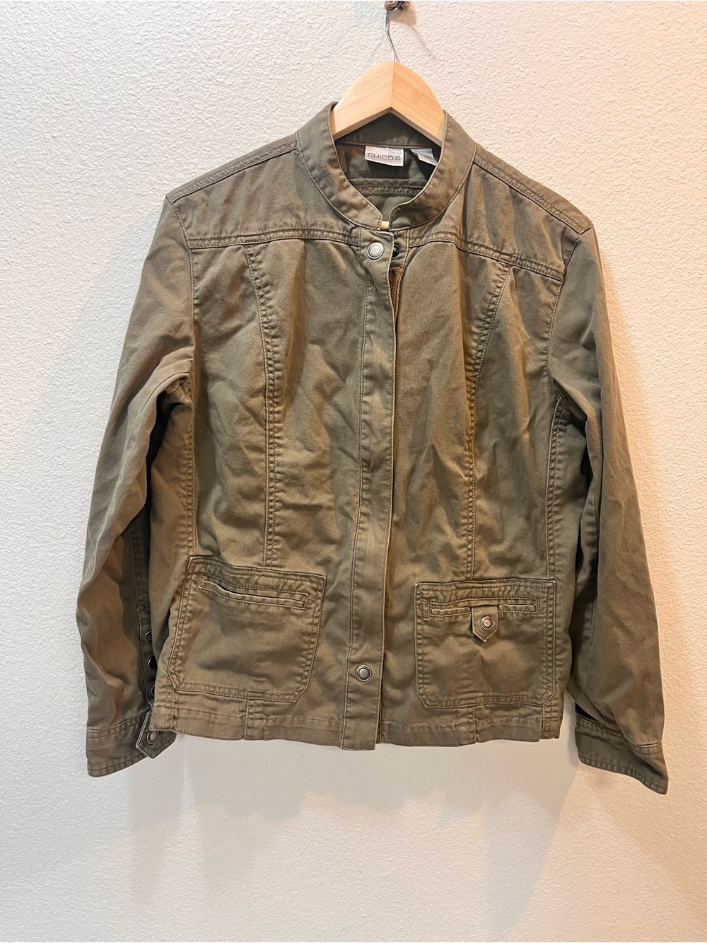 Chico's Olive Utility Jacket with Snap Front